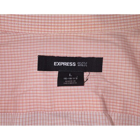 Express 1MX Size L Men's Orange Mini Plaid Long Sleeve Classic Fit Dress Shirt - Picture 3 of 6